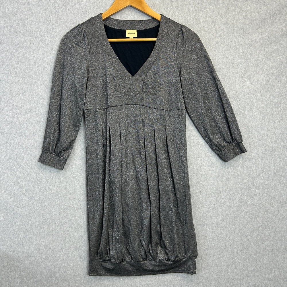 Ella Moss XS Dress Metallic Silver Lurex Pleated Glam Shimmer Retro Party V-Neck